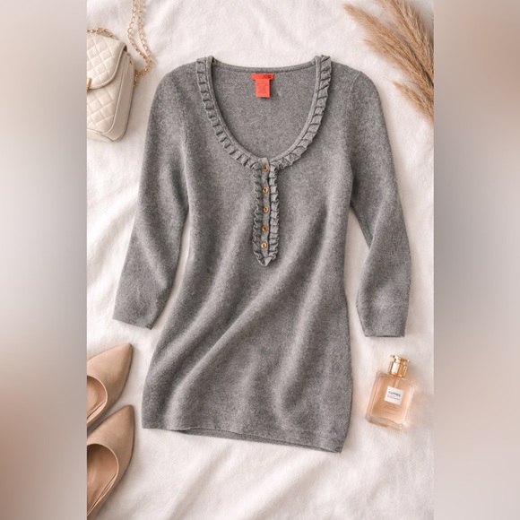 Joe Fresh Tops - Cashmere Blend Ruffle Henley Sweater Grey Soft Feminine Knit top